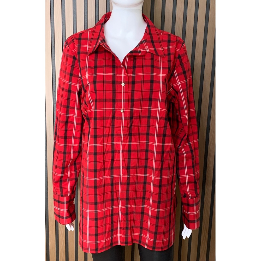 Talbots Red Plaid Non-Iron Tunic Shirt Women's 14 Long Sleeve Button Front Top